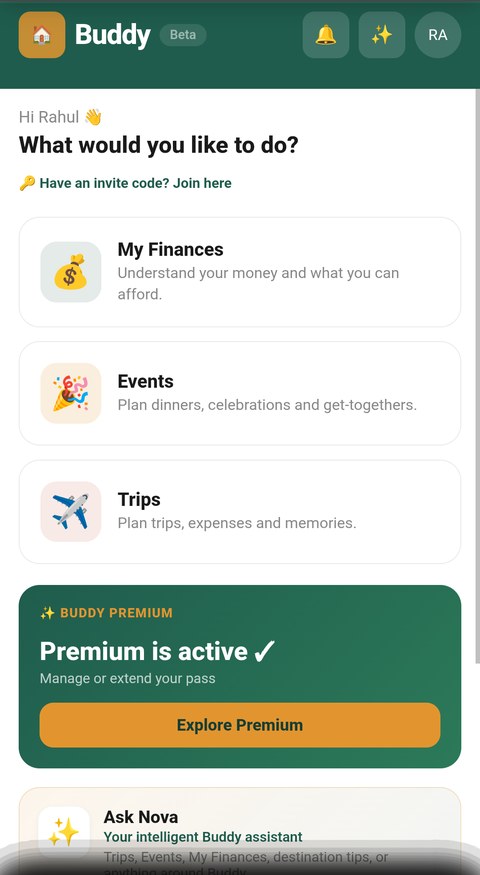 Buddy app home screen showing My Finances, Events, and Trips